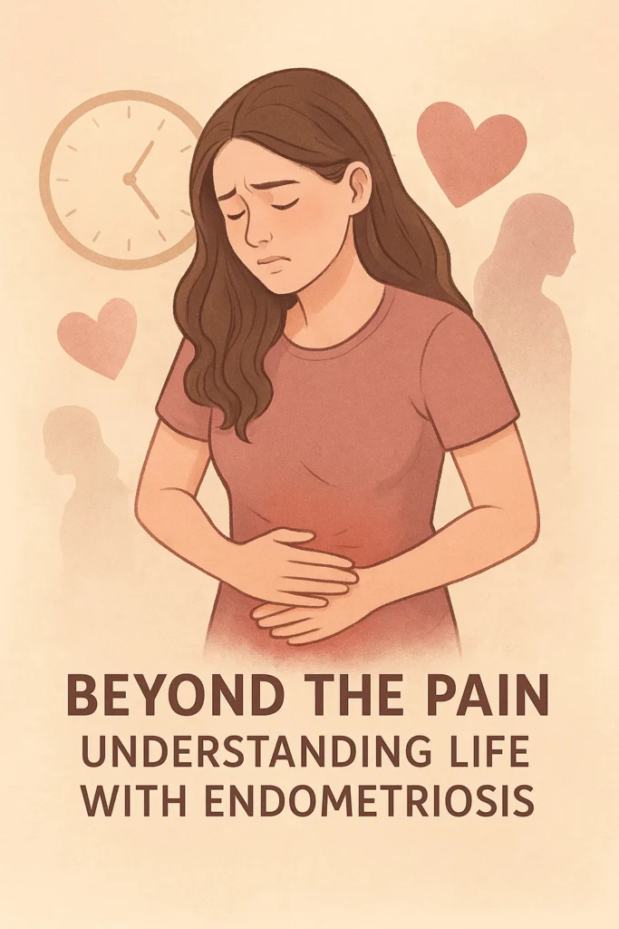 Beyond the Pain: Understanding Life with Endometriosis. Illustration of a woman with endometriosis experiencing chronic pelvic pain, symbolizing emotional, physical, and social challenges.