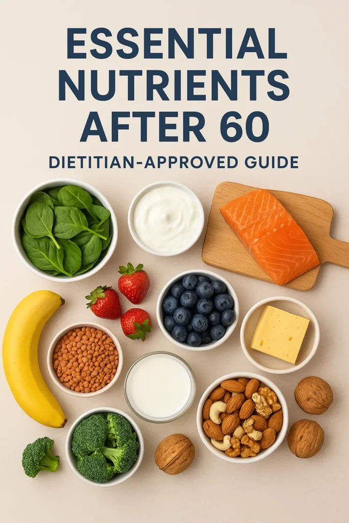 Essential Nutrients After 60: Dietitian-Approved Guide, Healthy foods rich in essential nutrients for adults over 60 including fruits, vegetables, fish, nuts, and dairy.