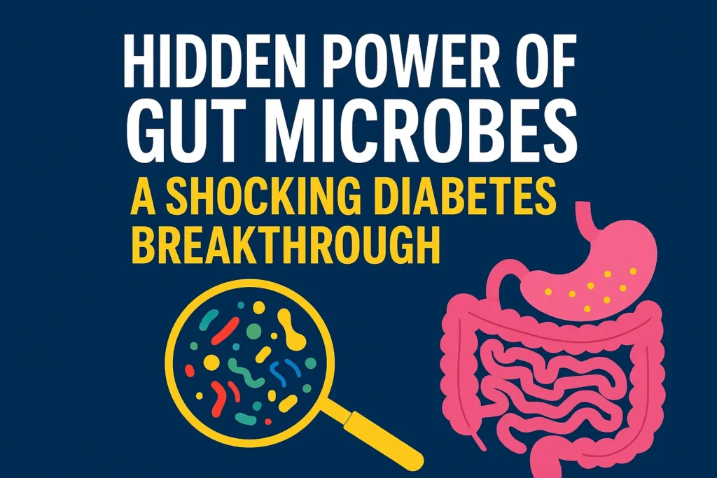 Illustrated design showing the title 'Hidden Power of Gut Microbes: A Shocking Diabetes Breakthrough' with colorful gut bacteria inside a magnifying glass and a pink digestive system illustration on a dark blue background.