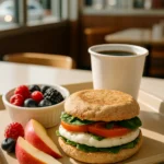 Healthy fast food breakfast sandwich with egg whites, vegetables, whole grain muffin, and fresh fruit — a smart breakfast on the go