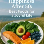 Healthy foods to boost happiness after 50 – fish, fruits, and vegetables for improved mood and well-being.