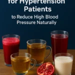 Featured image showing green tea, hibiscus tea, beetroot juice, pomegranate juice, and oat milk with text overlay ‘5 Nighttime Drinks to Lower Blood Pressure Naturally