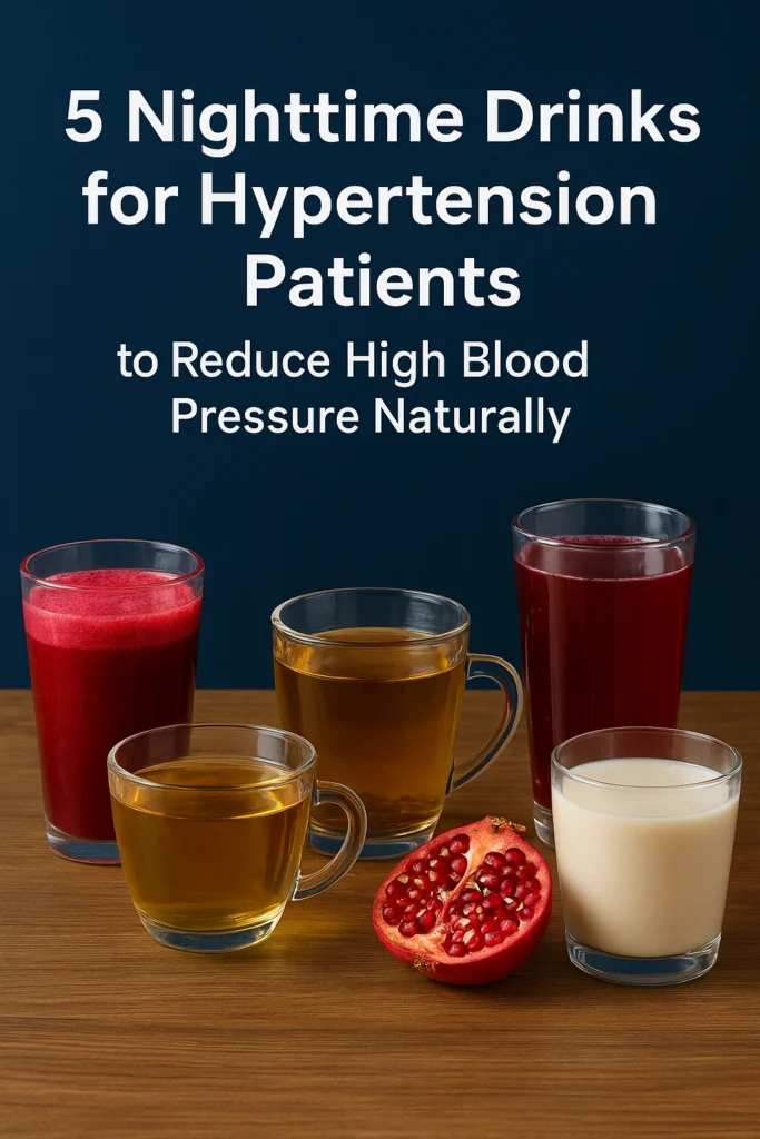 Featured image showing green tea, hibiscus tea, beetroot juice, pomegranate juice, and oat milk with text overlay ‘5 Nighttime Drinks to Lower Blood Pressure Naturally