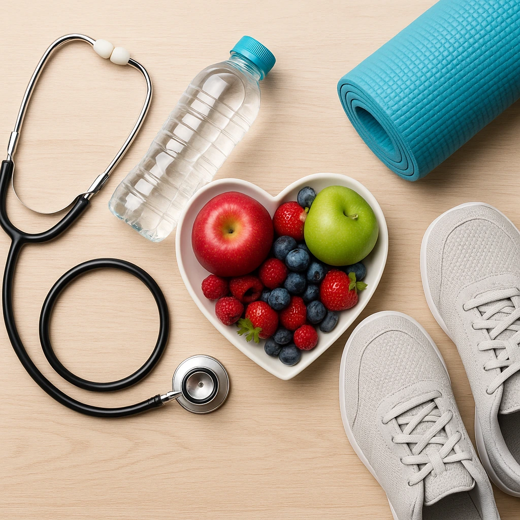 Healthy lifestyle illustration with fruits, exercise shoes, and water bottle symbolizing simple lifestyle changes for better heart health.