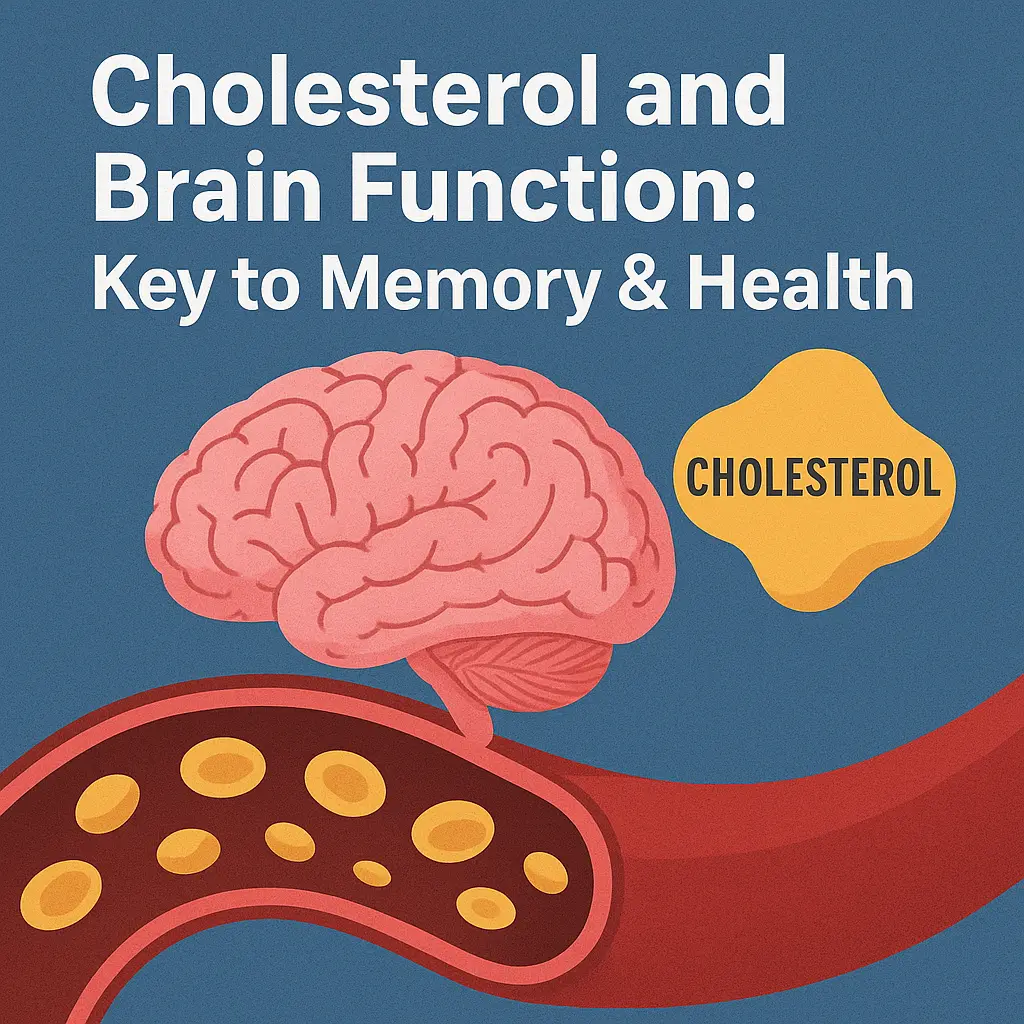 An illustrated brain connected to a blood vessel filled with yellow cholesterol particles, symbolizing the link between cholesterol and brain function for memory and health.