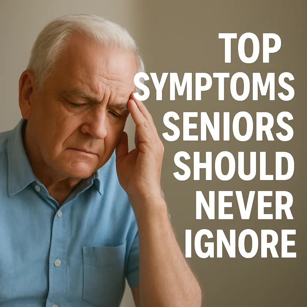 An elderly man holding his head in discomfort, with bold text reading “Top Symptoms Seniors Should Never Ignore,” highlighting critical senior health warning signs.