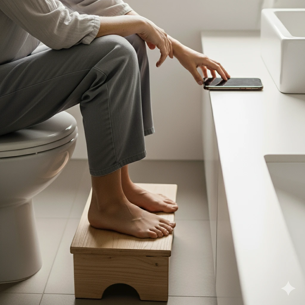 Person seated on a toilet with a phone set aside, feet on a small stool —illustrating how toilet phone use, prolonged sitting, and low fiber can raise hemorrhoids risk.